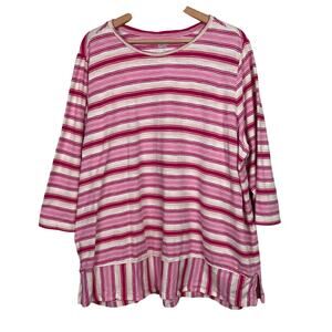 Lands' End Womens Size 2X Slub Jersey Swing Tunic Top 3/4 Sleeves Pink Stripes